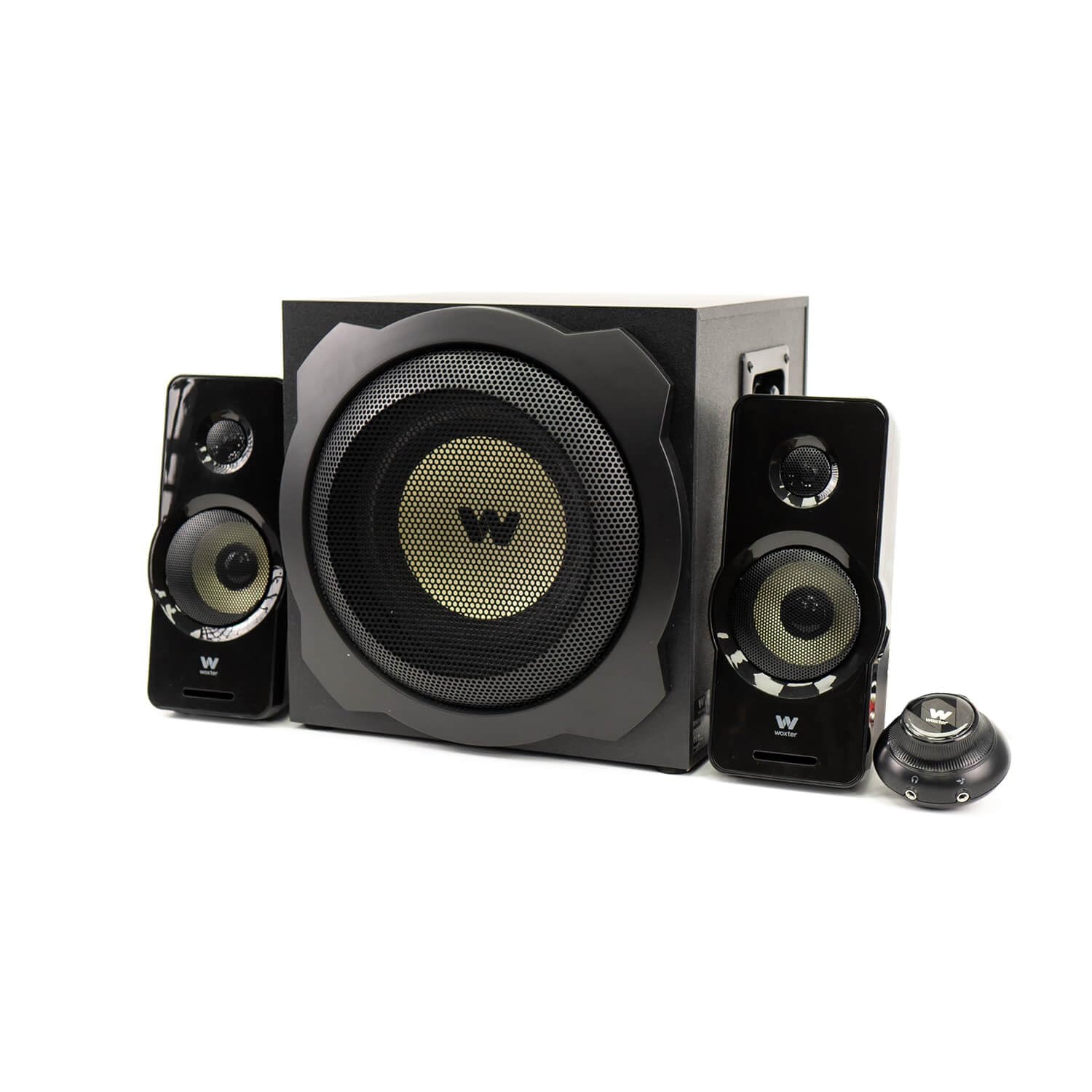 Woxter Big Bass 260 RGB - Altavoces 2.1 150W, Subwoofer de Madera, Rejilla metálica, Control de Volumen con Cable, AUX, Adecuado para TV, PC y videoconsolas, Iluminación RGB, Color Negro