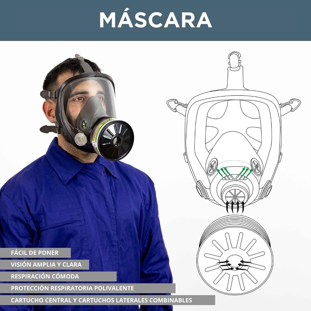 Máscara de Gas Completa Respirador RHINO RH-7011B (ABEK2P3R) Reutilizable para Vapores Orgánicos, Inorgánicos, Gases Ácidos, Amoníaco, Fumigar, Pintura | Proteccion Respiratoria, Filtro y Guantes