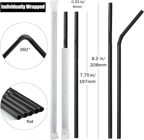 Miniatura 2 de ALINK 500 popotes flexibles de plástico negro, pajitas flexibles de plástico envueltas individualmente, 7.75 x 0.23 pulgadas