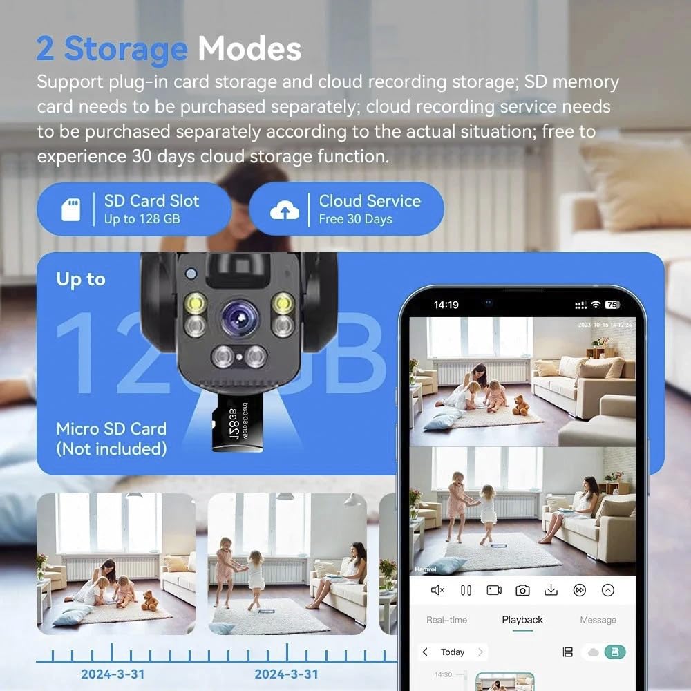 Telecamera ad energia solare, vista pan-tilt a 360°, connettività WiFi/4G, tripla lente per monitoraggio multi-schermo, telecamera IP esterna wireless (nero, connessione WiFi/Ethernet)