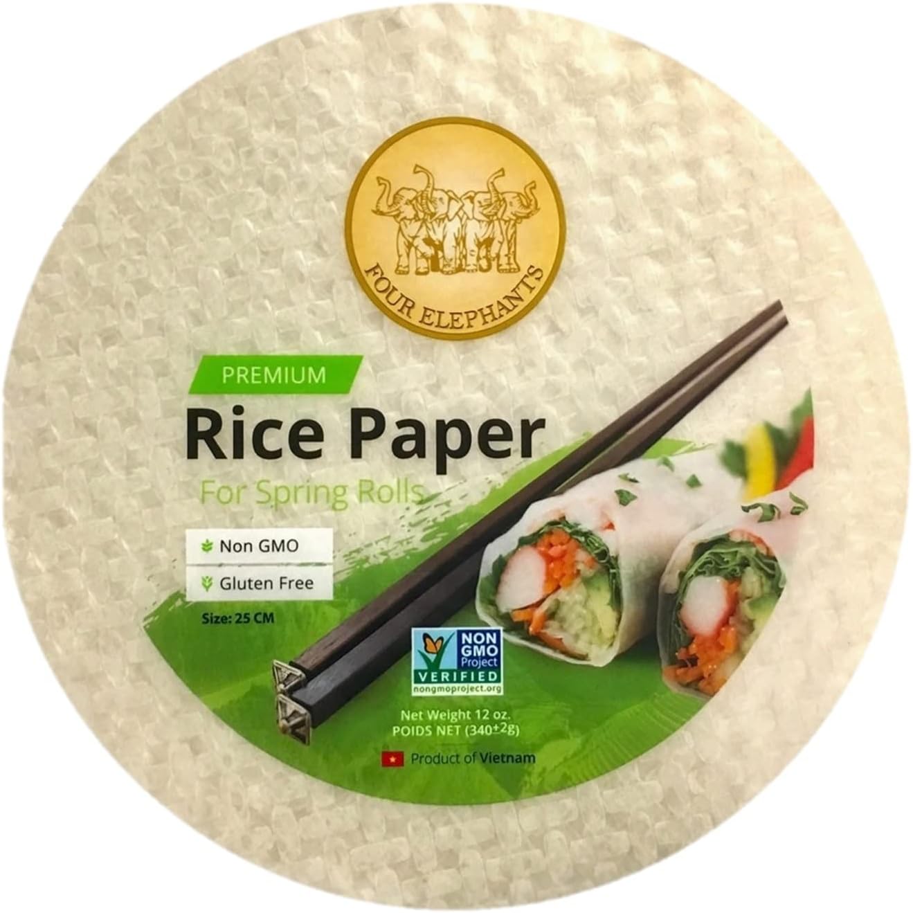 Four Elephants Premium Extra Large Spring Roll Rice Paper Round Wrappers 12 oz Non-GMO Verified 25 CM (1)