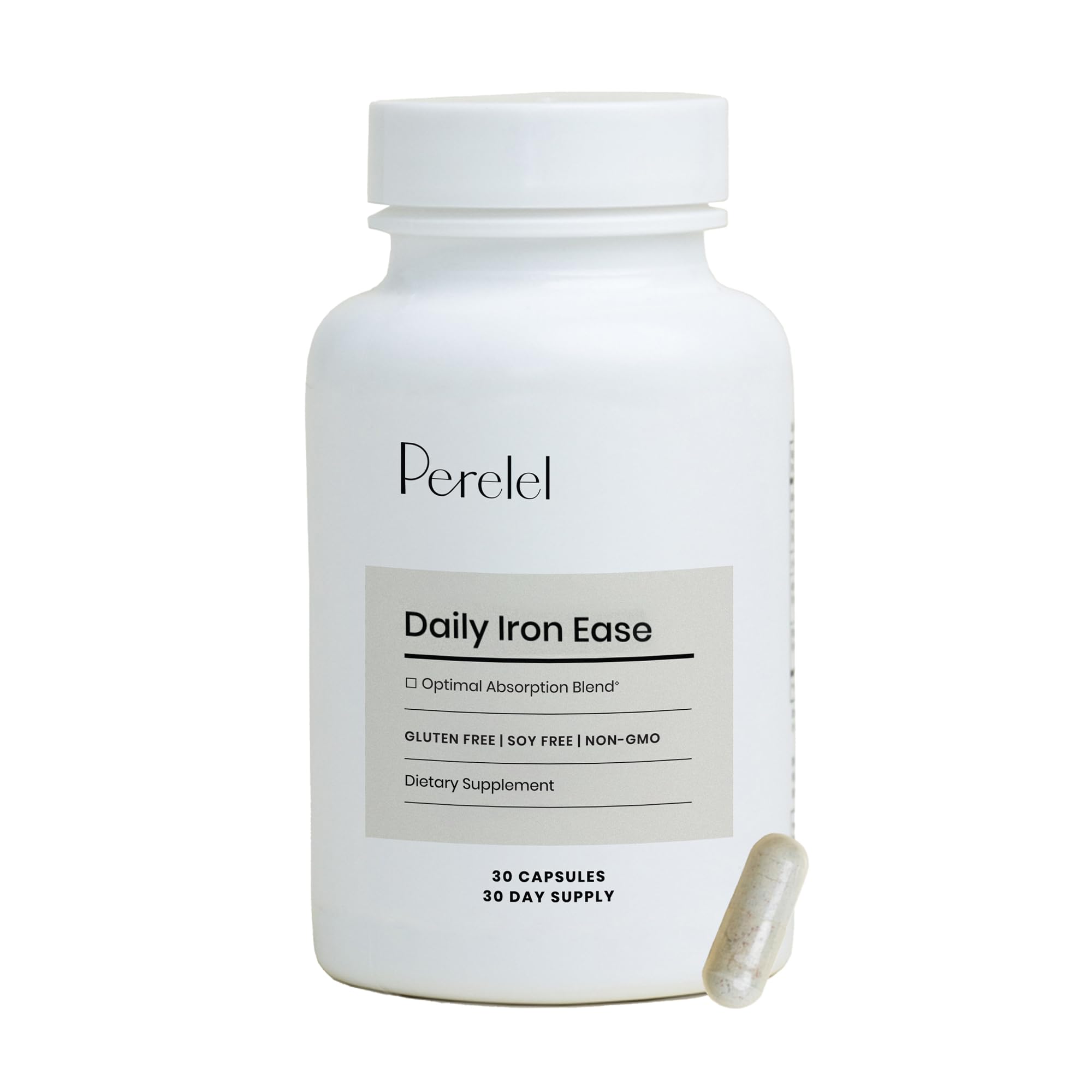 PerelelDaily Iron Ease, 15MG Iron Supplements with Magnesium, Vitamin C, & Vitamin B12 for Nutrient & Energy Support, Capsules for Women and Men, Soy, Dairy & Gluten Free, Non GMO, 30 Pills