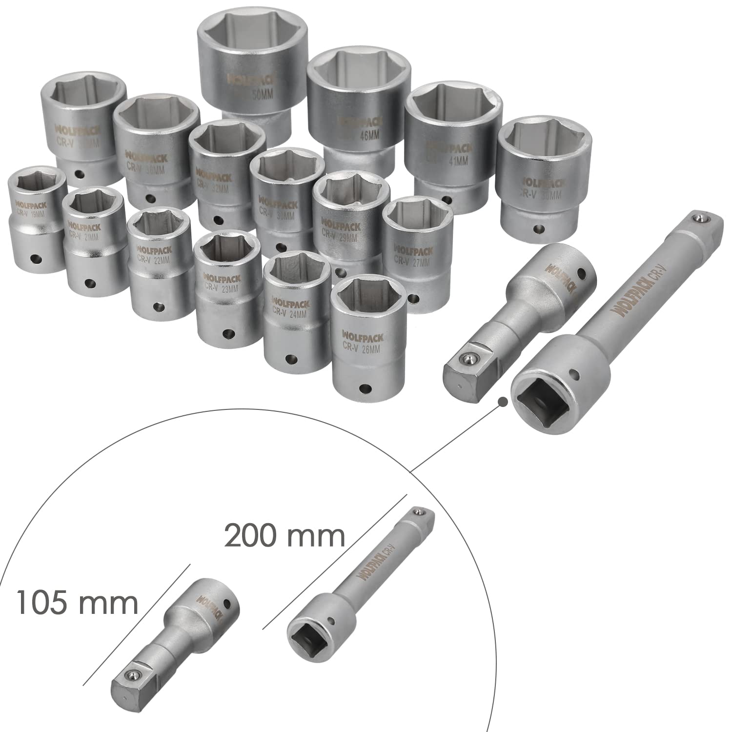 WOLFPACK LINEA PROFESIONAL Juego Llaves De Vaso de Acero Cromo Vanadio con 21 Piezas 3/4" Plus Con Maletin.