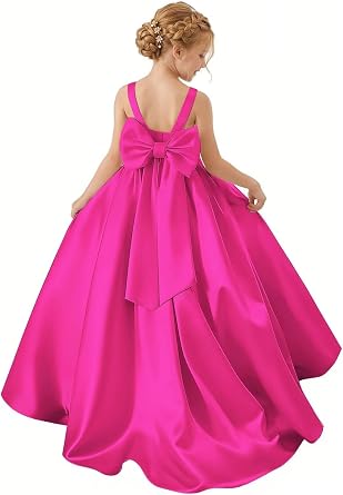Satin Flower Girl Dress 4-16Y Spaghetti Strap Maxi Dresses Big Bow Back A-Line Jr Bridesmaid Pageant Gown 2779