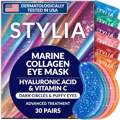 Stylia Under Eye Patches for Puffy Eyes and Dark Circles (30 Pairs) – Marine Collagen Under Eye Mask with Vitamin C, Hyaluronic Acid, Pearl Extract – Eye Masks for Dark Circles and Puffiness