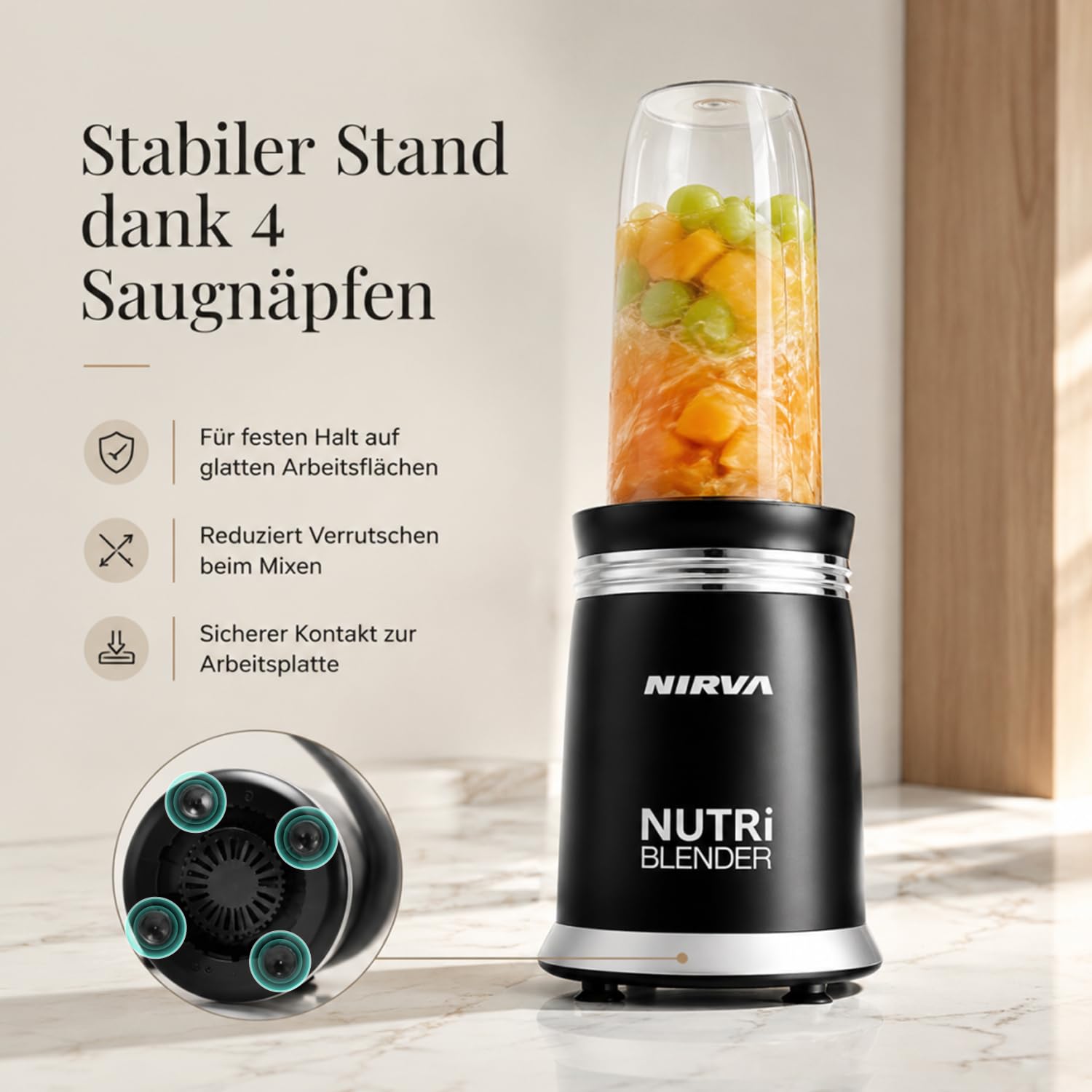 Nirva Smoothie Maker, Standmixer 2 in 1 mit Kaffeemühle, 25000 U/min Elektrischer Mixer für Shakes und Smoothies, 4 Klingen Edelstahlmesser, Personal Blender mit 4 Mixbechern & To-Go Deckel