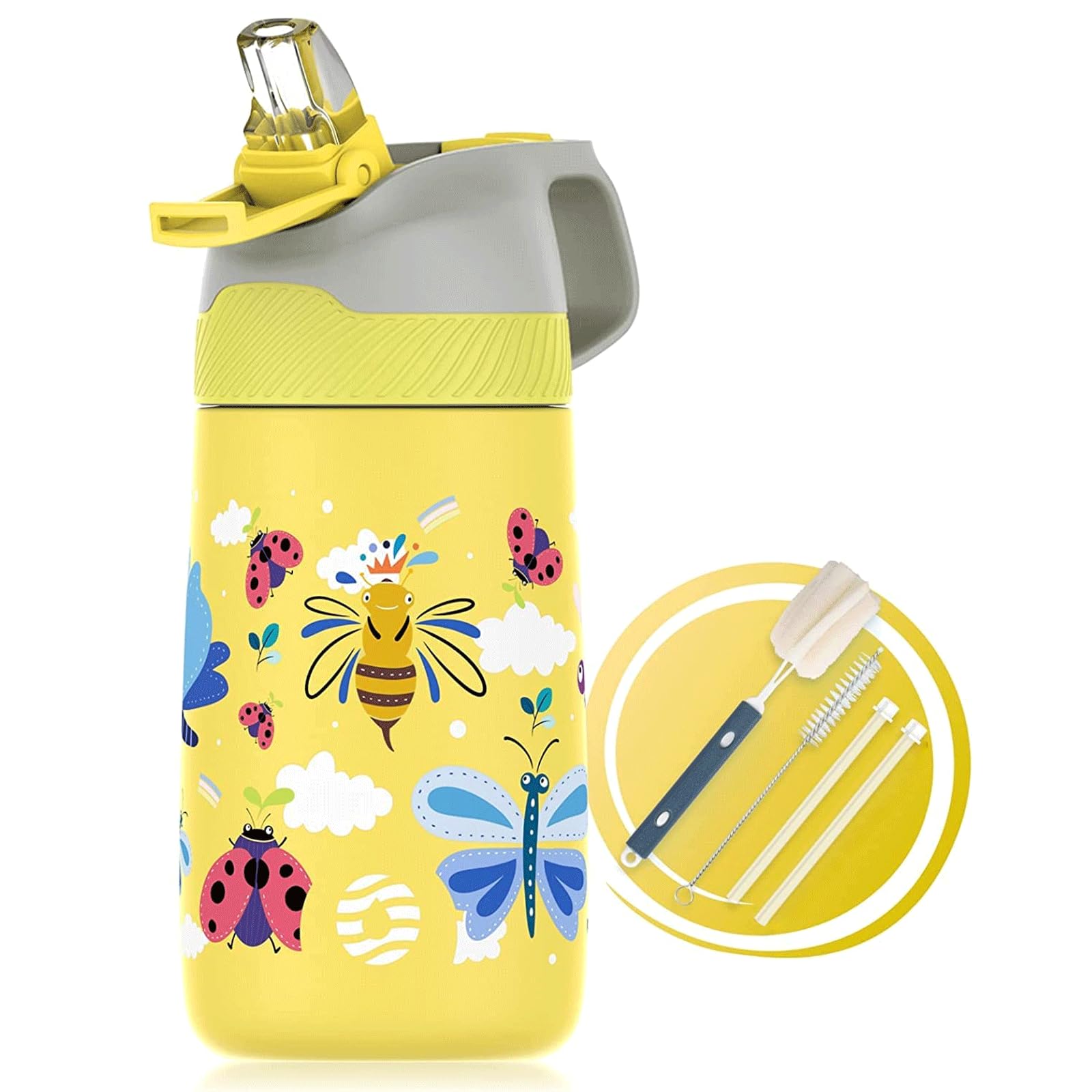 Fjbottle Kids Water Bottle for School, 12oz Stainless Steel Insulated Water Tumbler, Leak proof Cups for Boys Girls, One-Click Open Small Lightweight