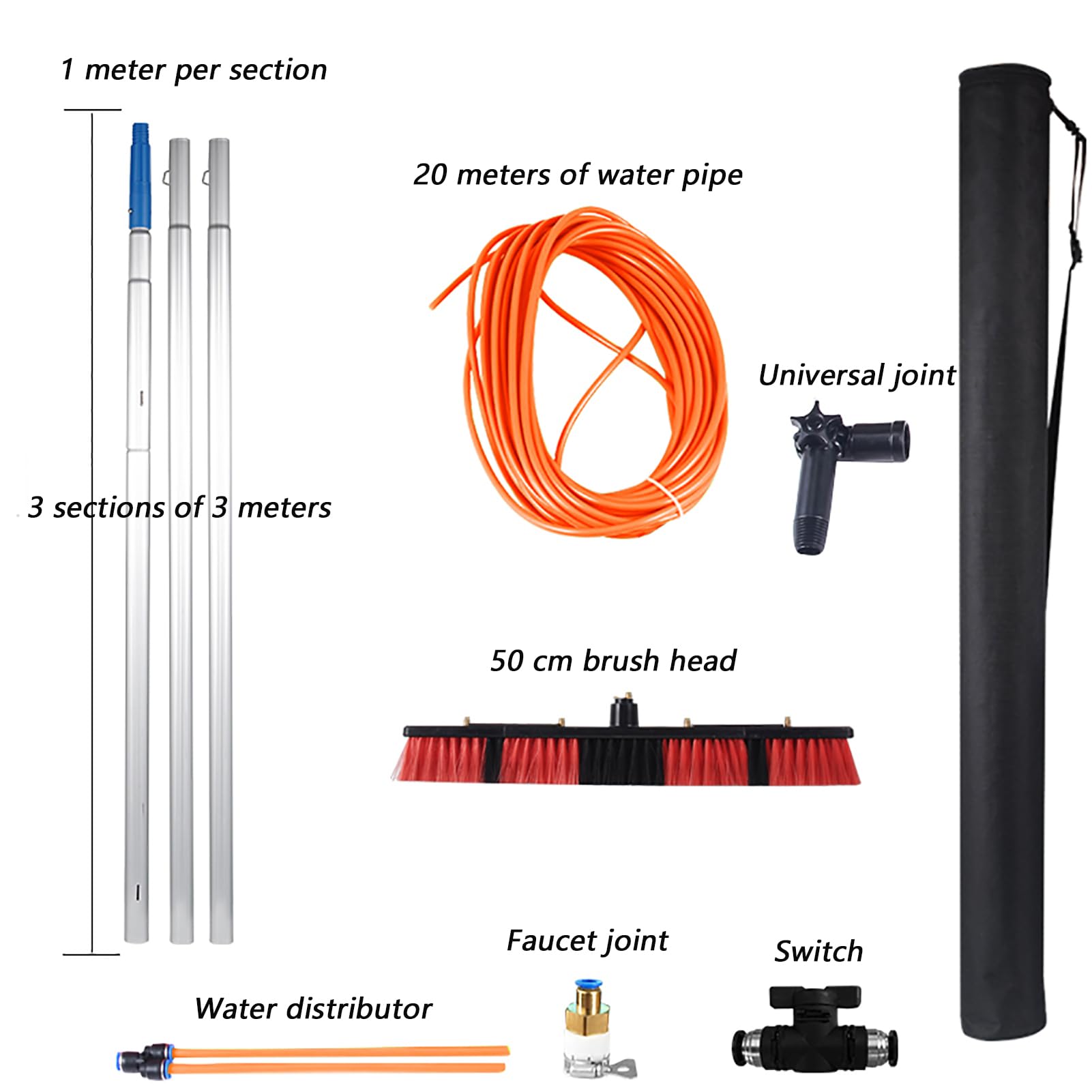 Waschbürste Teleskopstange,Für Solaranlage, Glasdächer und Terrassendach – Bürste mit Wasseranschluss,50cm,300cm