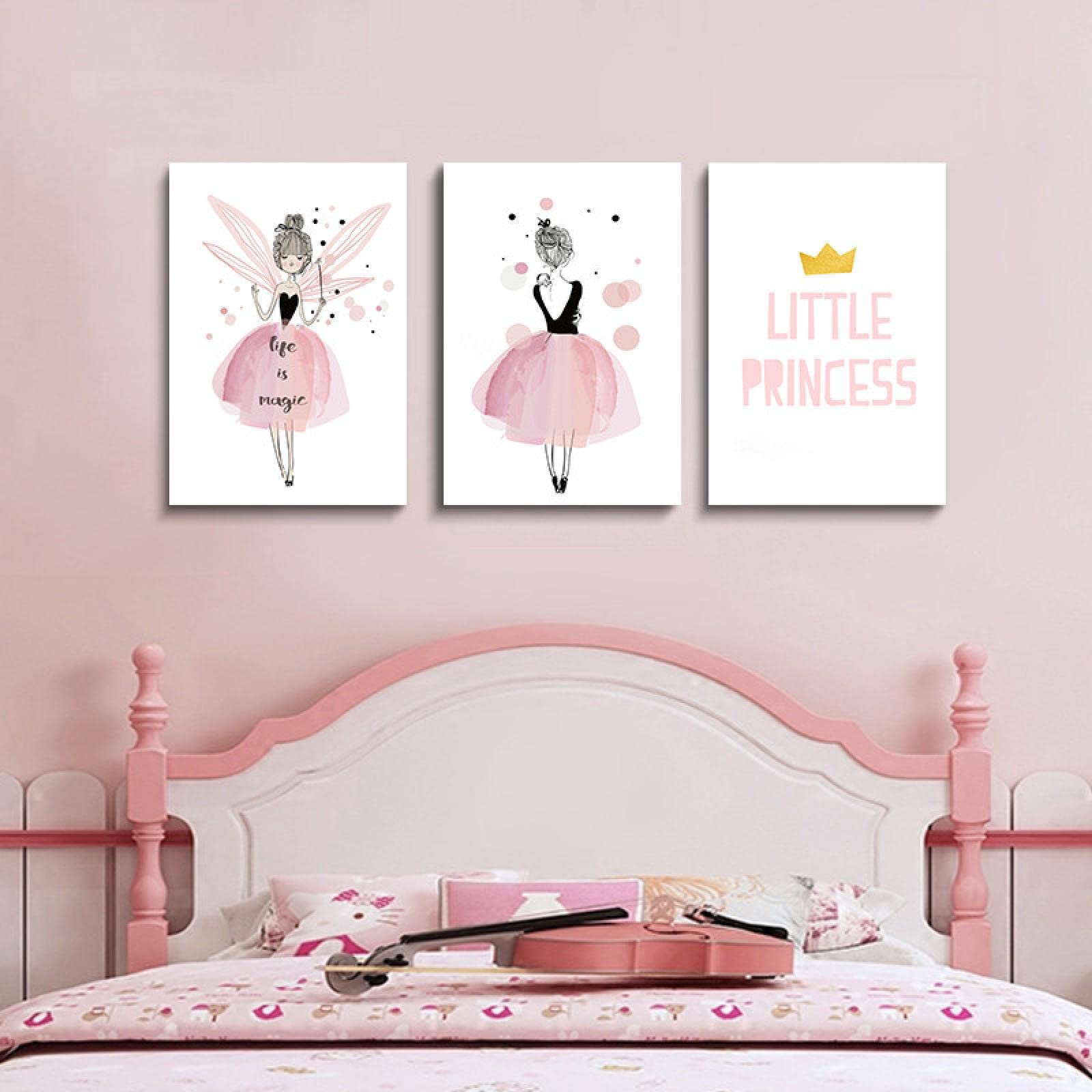 Cuadro de decoración de dormitorio de niña pequeña princesa con estampado de cartel de arte de pared de guardería rosa, cuadro de lienzo para habitación de niños, 43x65cm (17x26in) x3