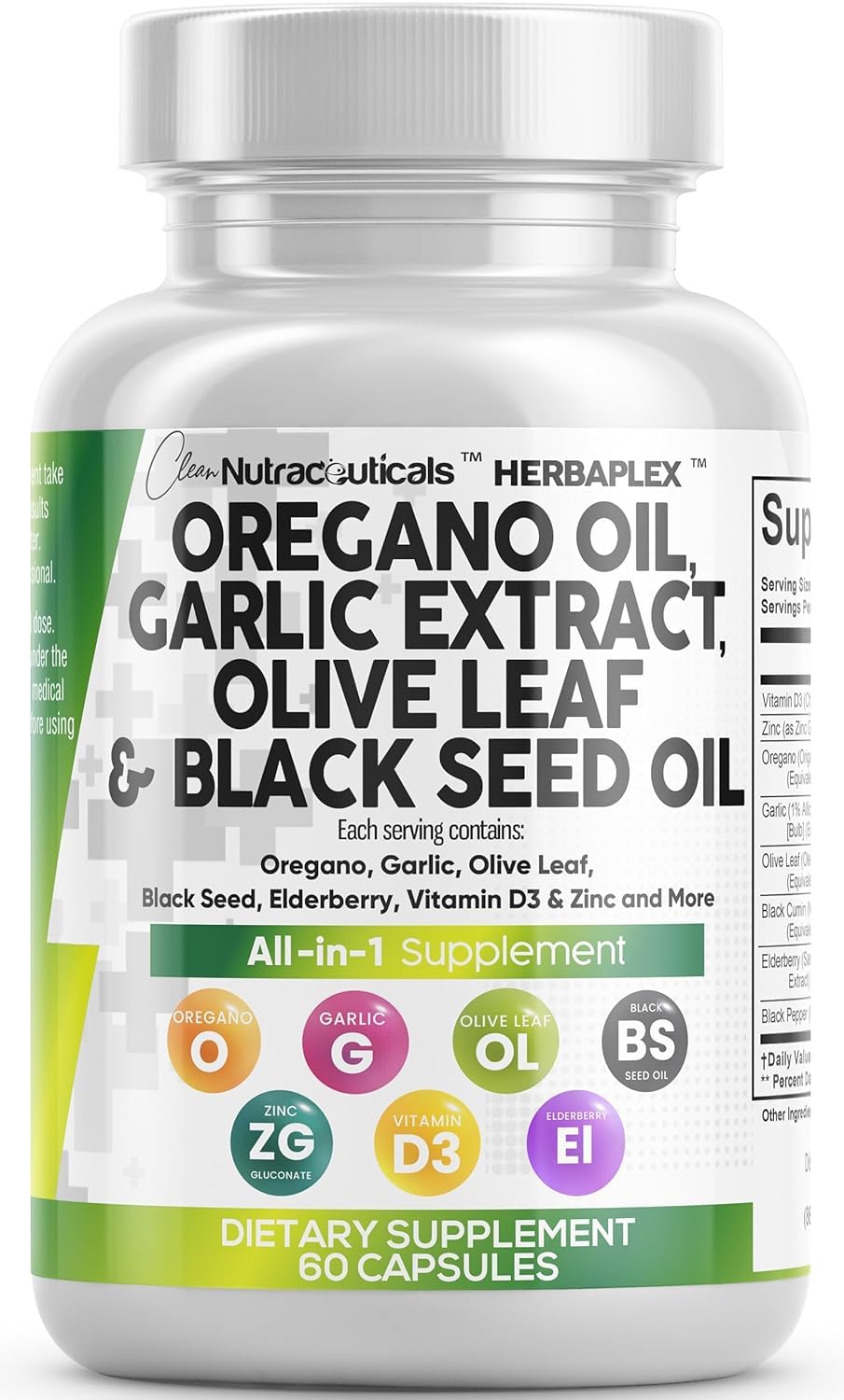 Oregano Oil 6000mg Garlic Extract 4000mg Olive Leaf 3000mg Black Seed Oil 3000mg - Immune Support & Digestive Health Supplement for Women and Men with Vitamin D3 and Zinc - 60 Caps