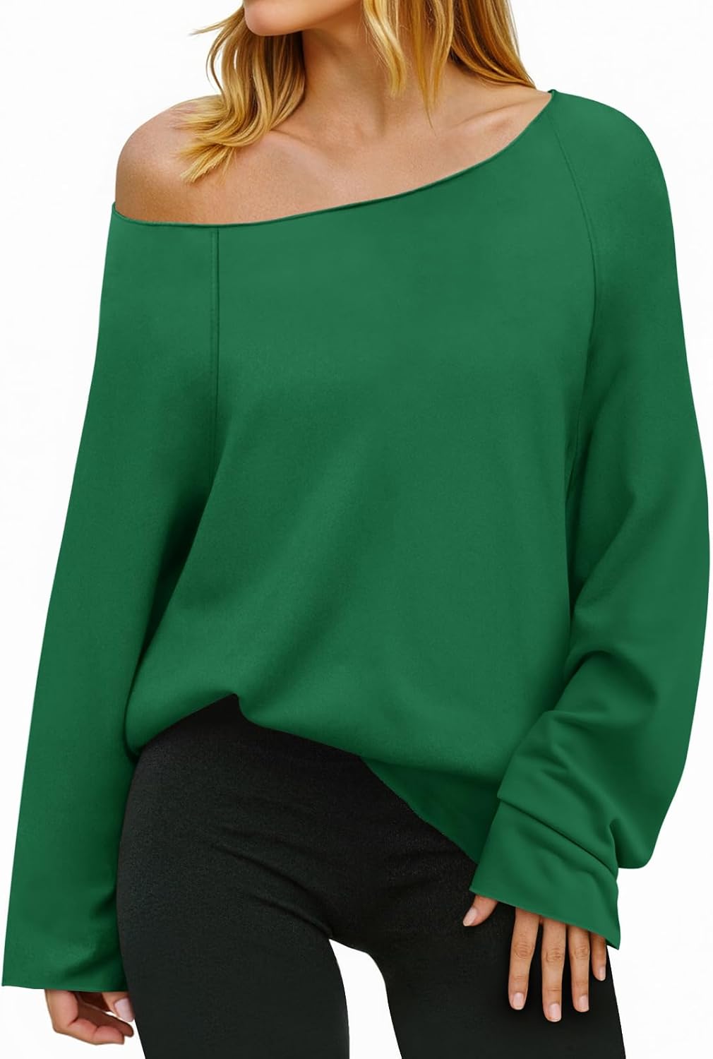 Fisoew Womens Off The Shoulder Tops Sweatshirts Lightweight Oversized Pullovers Long Sleeve Y2k Loose Fit Tunic Tops