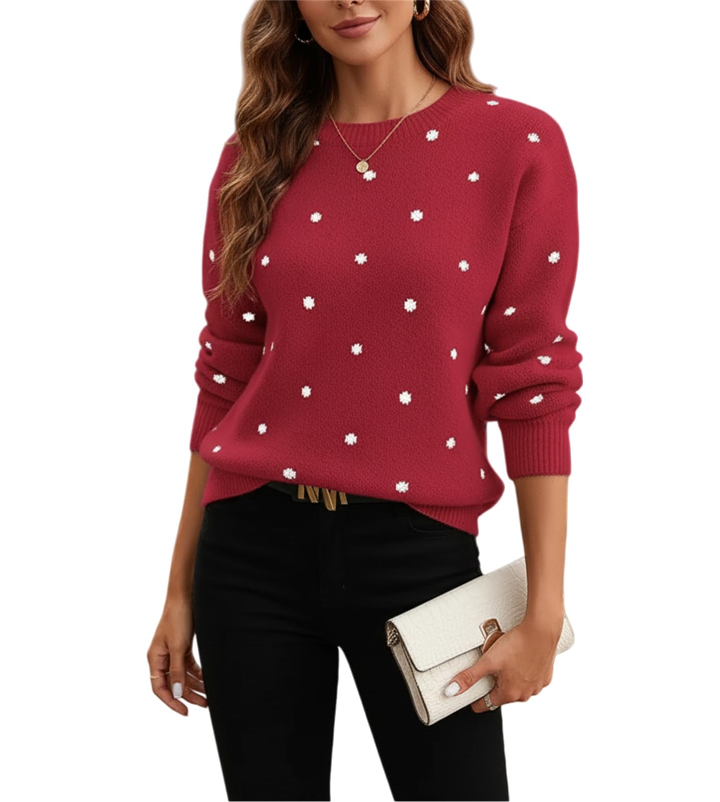 Womens Fall 2025 Sweaters Long Sleeve Crew Neck Jumpers Casual Soft Cozy Ribbed Knit Polka Dot Pullover Tops