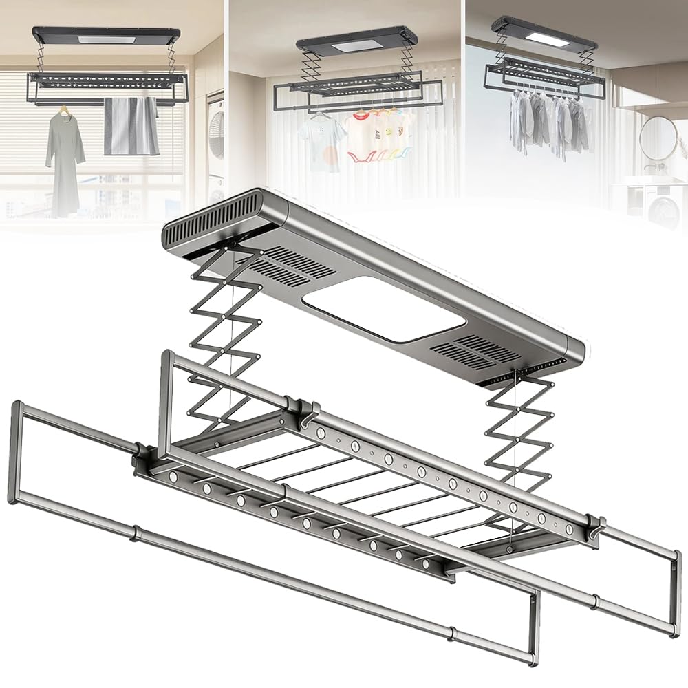Tendedero Eléctrico Para Techo,con mando a distancia,iluminación LED,Función de desinfección por luz azul y secado,Altura ajustable (110cm),8+2 varillas extensibles,parada anti-obstáculos Para balcón