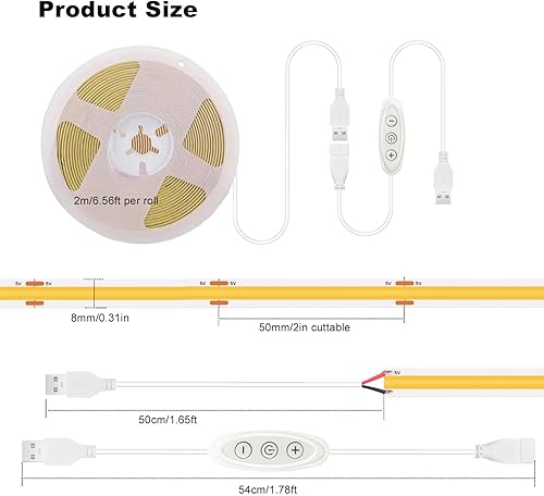 Miniatura 8 de GXILEE Tira de luz USB blanca cálida 3000k CRI92+ 5V COB tira de luz LED con interruptor de atenuación, tira de luz LED de 10 vatios6 pies para