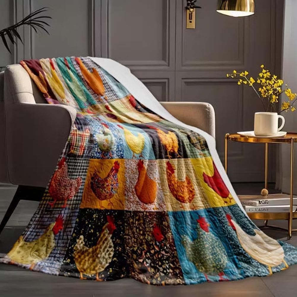 Überwurfdecke mit Hühner-Motiv, Vintage-Hahn-Druck, Decke für Erwachsene, Frauen, Kinder, dekorative Überwurfdecken, gemütlich, weiche Plüschdecken für Couch, Bett, Sofa, warmes Bauernhaus-Geschenk