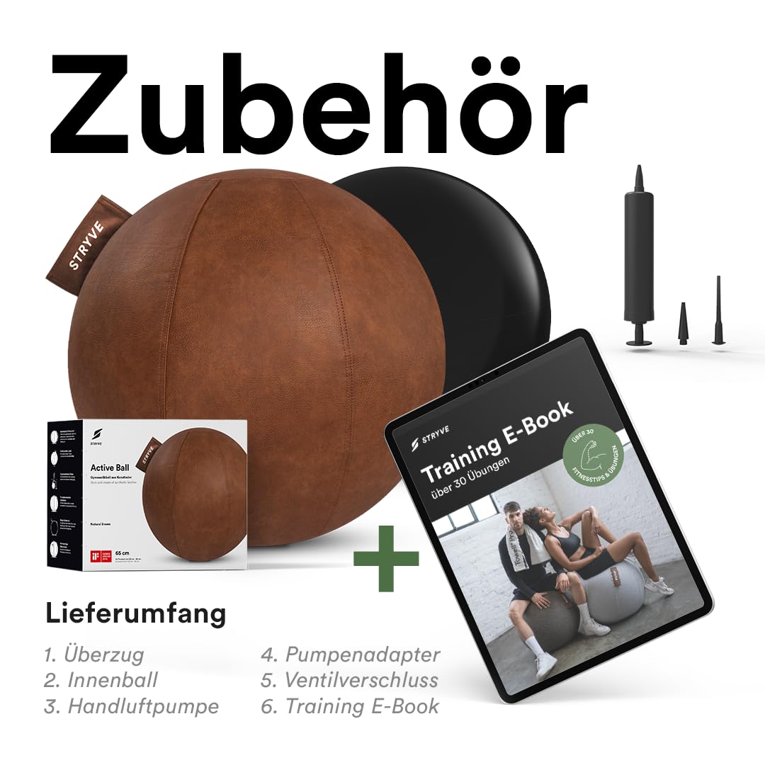 STRYVE Sitzball Büro 65,70cm - Ergonomischer Gymnastikball mit waschbarem Bezug und Wegrollschutz, inkl. Luftpumpe - Belastbar bis 150kg - Als Bürostuhl, Hocker