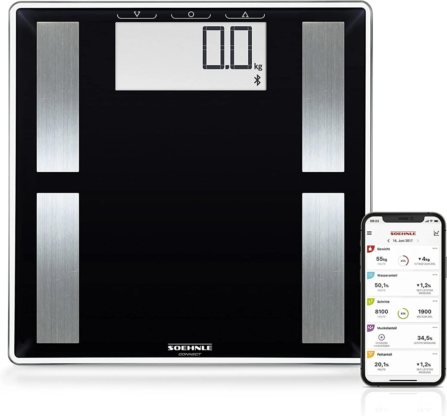 Soehnle Shape Sense Connect 50 - Bilancia pesapersone con Bluetooth e app, per analisi del corpo BIA, con grande display LCD, Nero