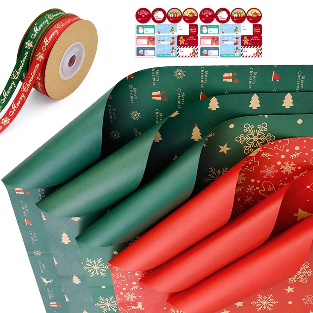 Wanhenda Pack of 6 Rolls Gift Wrapping Paper Christmas, Classic red and green Kraft Paper(with sticker, tape, ribbon)