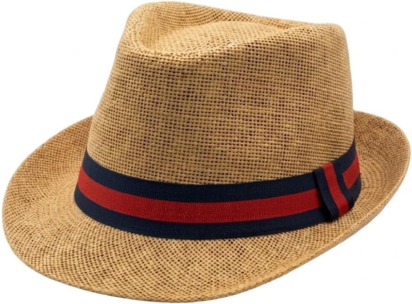 Straw Fedora Hat, Striped Navy and Red Band, Summer Sun Hat, Multiple Colors
