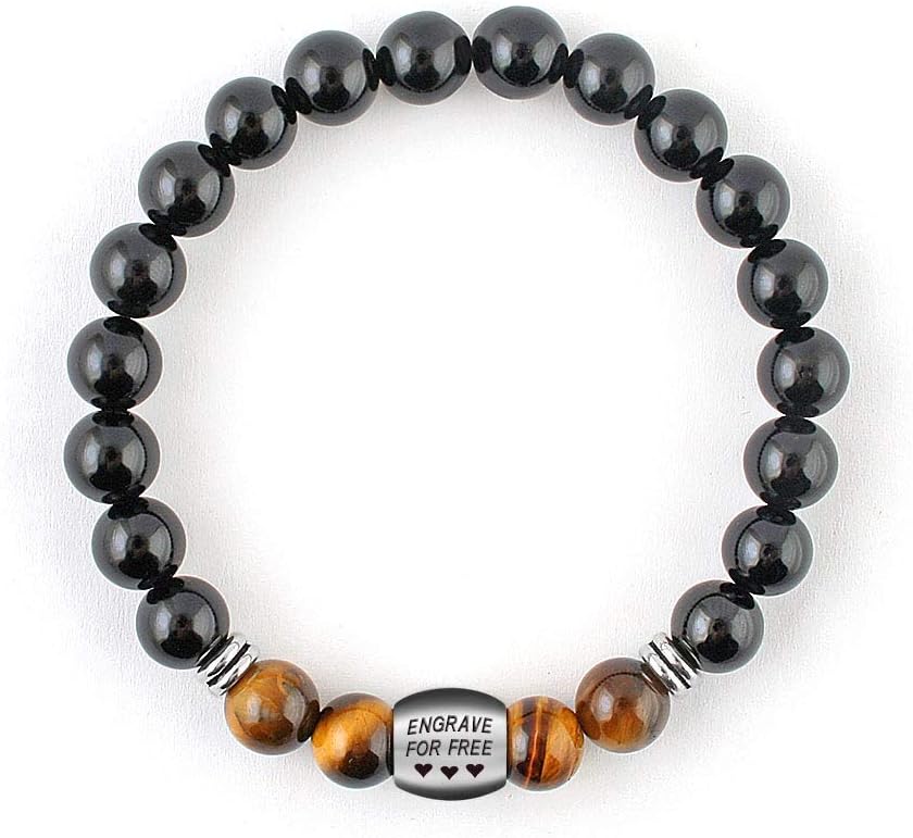 Handmade Engraved Personalized Custom Bracelet with Initial or Coordinate for Men Made from Onyx and Tiger Eye Bead