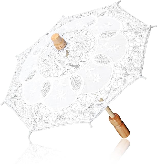 HERCHR Lace Wedding Umbrella, Vintage Umbrella Lace Parasol Umbrellas Bridesmaid Umbrella Handmade Folding Parasol Umbrella for Lady Women Party Decor Dancing Photography Prop White