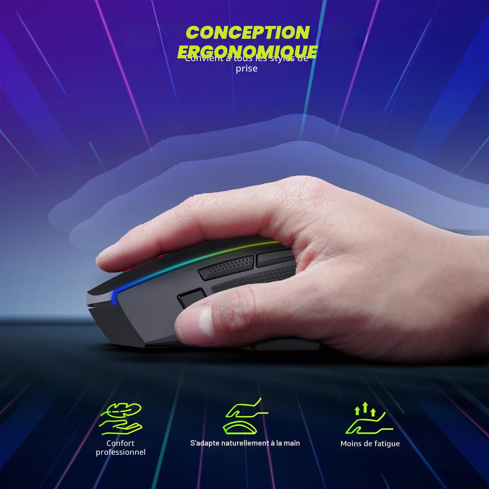Redragon Souris de Jeu sans Fil, 2,4 G/USB-C/Bluetooth, Ergonomique, 8000 DPI, rétroéclairage RVB, entièrement programmable, Rechargeable sans Fil pour Ordinateur Portable, PC, Mac, M814