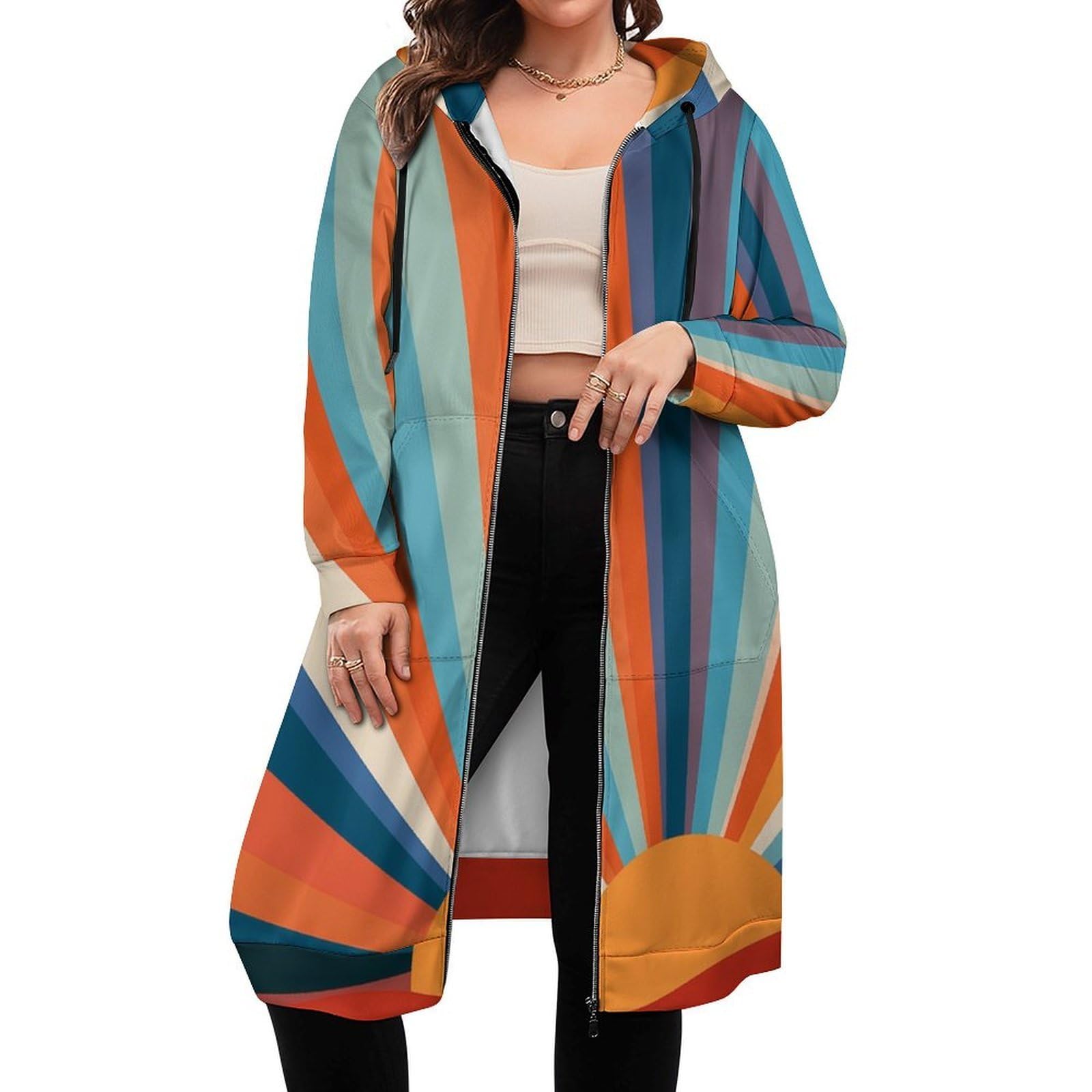 Felpa Donna con Zip Felpe Sportiva con Tasche E Cappuccio Motivo Sole retrò Morbida Invernale Giacca Regolabile Confortevole per Uso Quotidiano Casual