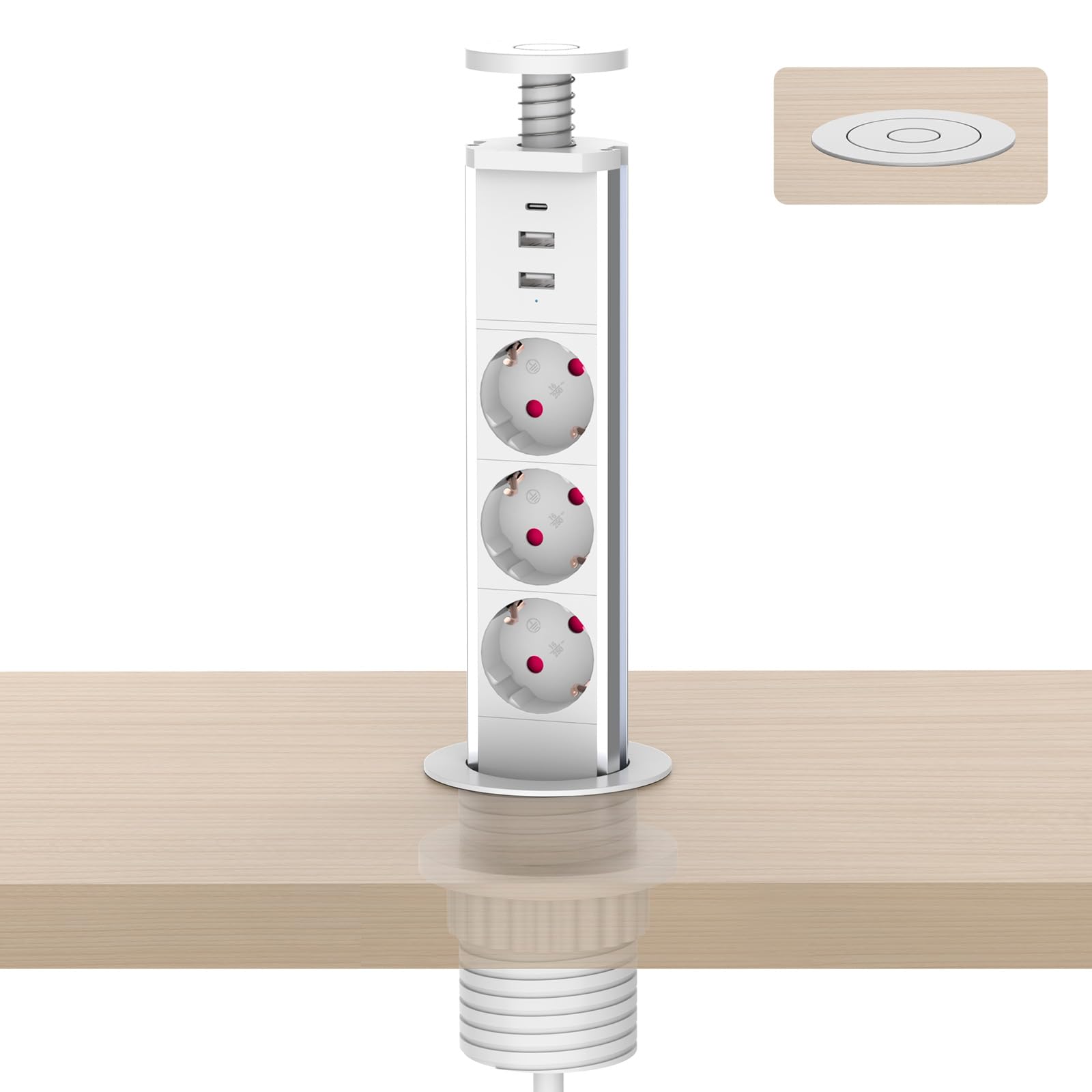 Steckdosenleiste Unterputz Block PD 20 W Schnellladung mit 3 Steckdosen, 2 USB-A und 1 USB-C Kabel 1,8 m, Ø 60 mm, versenkbare Steckdose, Arbeitsplatte für Küche, Büro, Schlafzimmer, Wohnzimmer