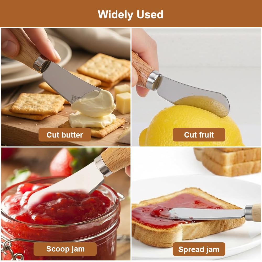 6 Piezas Cuchillos de Mantequilla Pequeños,12.2×2.2cm Mango de Madera Pequeño Juego de Cuchillos de Queso,Cuchillo Untador de Mantequilla,Cuchillos de Untar Acero Inoxidable,para Mantequilla,Mermelada