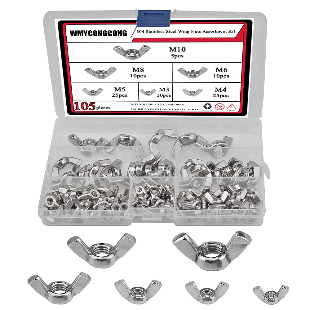 105 PCS Wingnut Butterfly Nuts Wing Nuts Assortment Kit M3 M4 M5 M6 M8 M10, 304 Stainless Steel