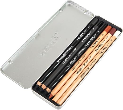 Lyra Rembrandt Sketching Set - 6 Assorted Pencils for Artists - Variety Set of White, Dry, Oil, Carbon & Charcoal Pencils in Convenient Case - Multipurpose Durable Pencils for Drawing Blending & More