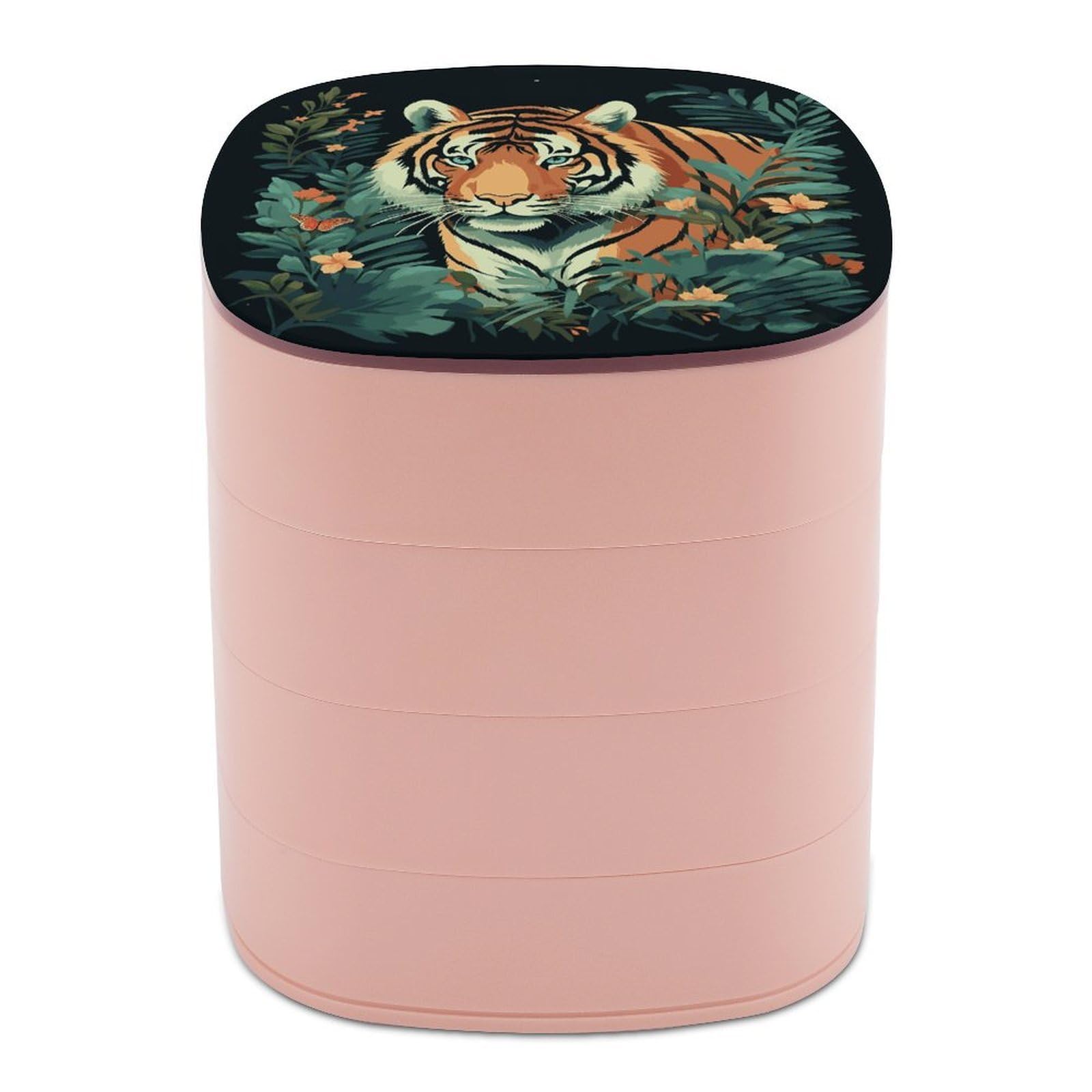JTREHY Butterfly And TigerJewelry Box 4-Layer Rotating Stronge Boxs Round Travel Jewelry Case with Lid for Bracelets Rings Bracelets, Gift for Women