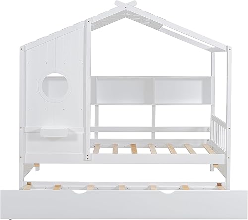 Miniatura 167 de Cama de casa de tamaño individual con 2 cajones, marco de cama de madera y barandilla de seguridad. Ahorra espacio, ideal para el dormitorio de un