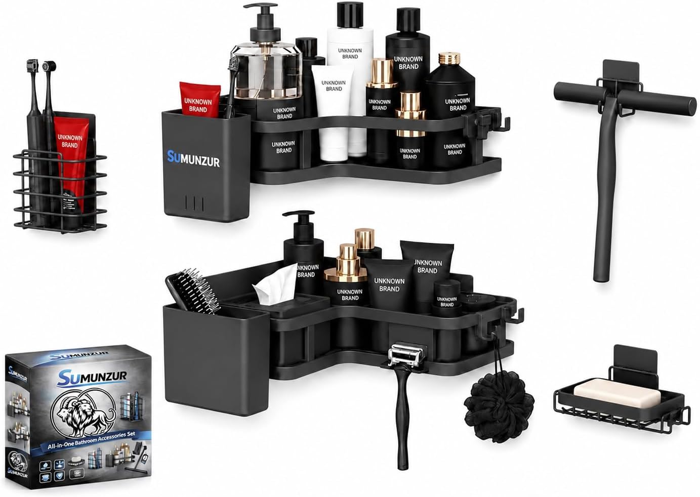 8-Piece Bathroom Shelf Set a practical, stylish organizer for corner shelves and bathroom accessories, including a soap dish, toothbrush holder, and a dedicated shower supplies section,dersim
