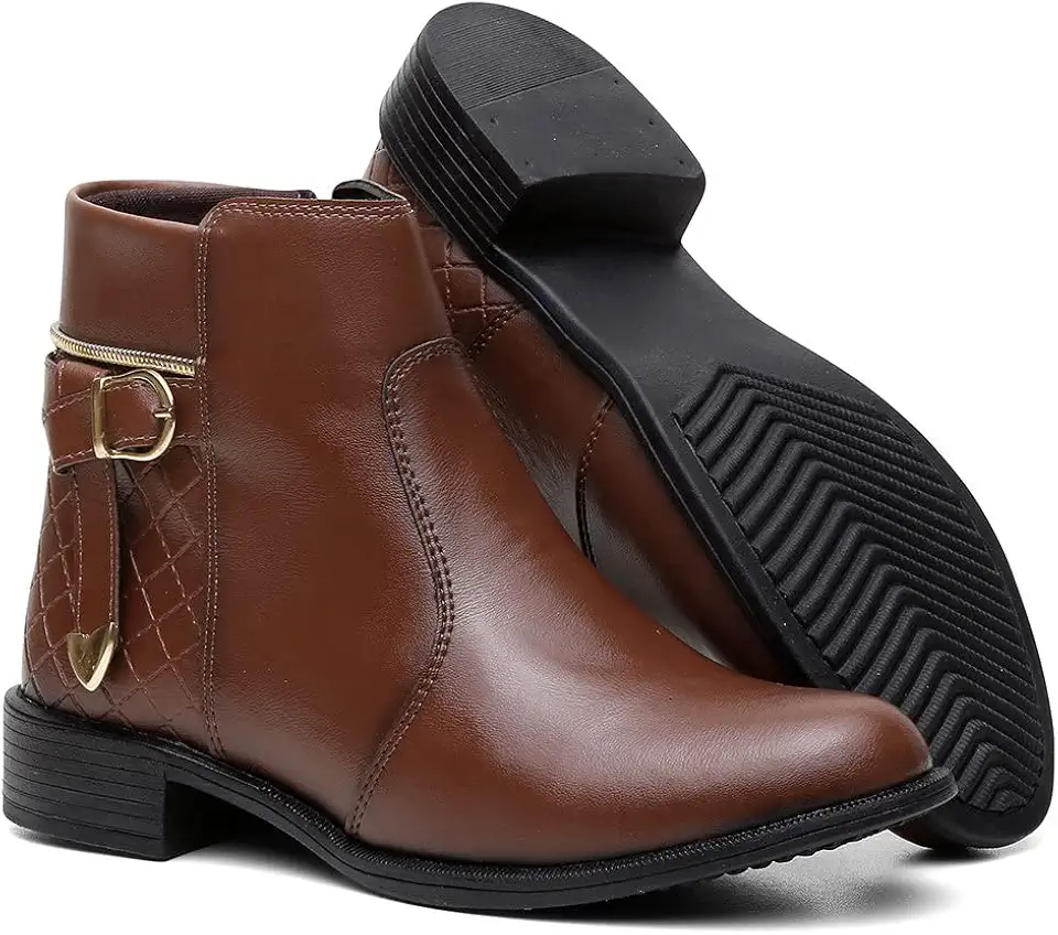Coturno Feminino Salto Baixo Bota Botinha Cano Curto Zíper Confort