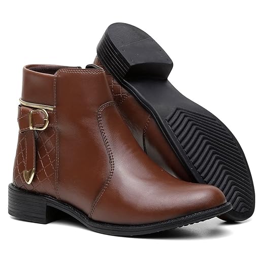 Coturno Feminino Salto Baixo Bota Botinha Cano Curto Zíper Confort