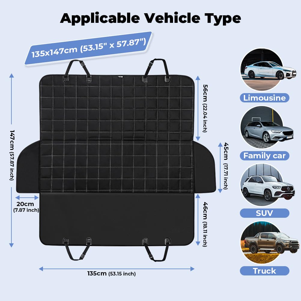KYG Copertura per cani per sedile posteriore dell'auto 4 in 1, sedile posteriore con protezione laterale, 100% impermeabile, antigraffio e antiscivolo, per auto, camion e SUV, 135 x 147 cm, nero