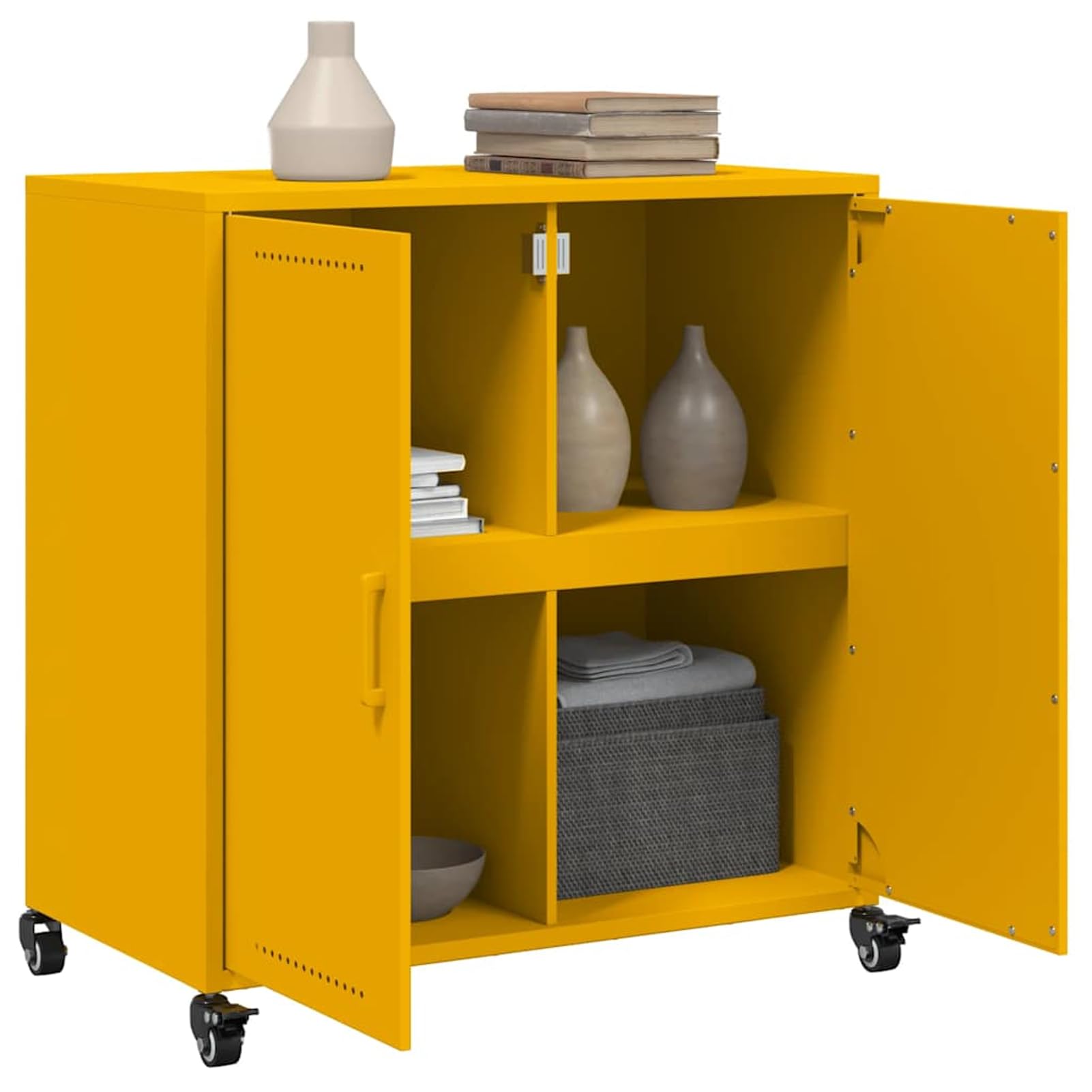 Kredens musztardowo-żółty, 68 x 39 x 72 cm, ze stali walcowanej na zimno, z 2 drzwiami i 4 rolkami – praktyczna szafka do przechowywania do salonu, biura i korytarza