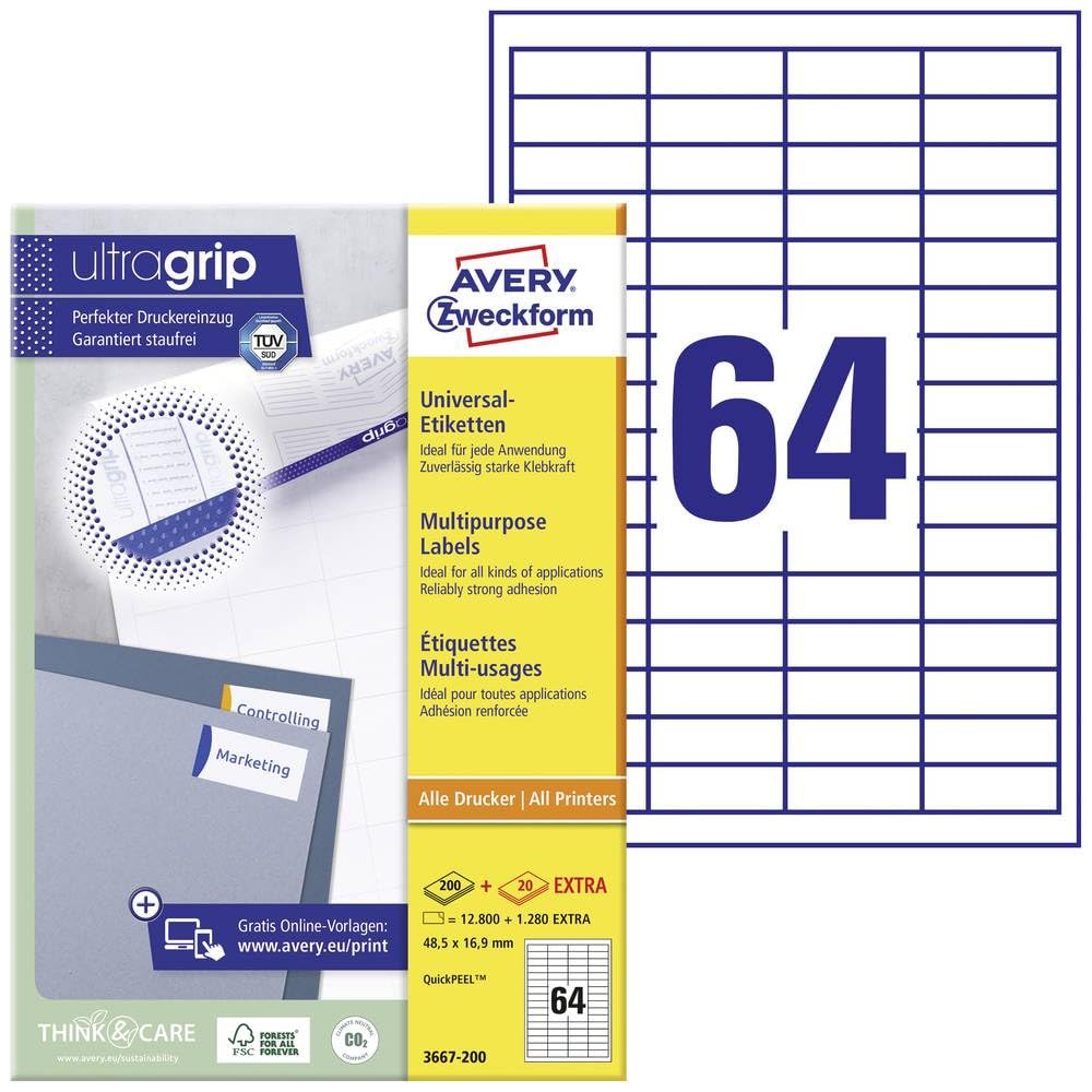 Avery Zweckform 3667-200 Universal Labels 48.5x16.9 mm White for Inkjet Laser Copy