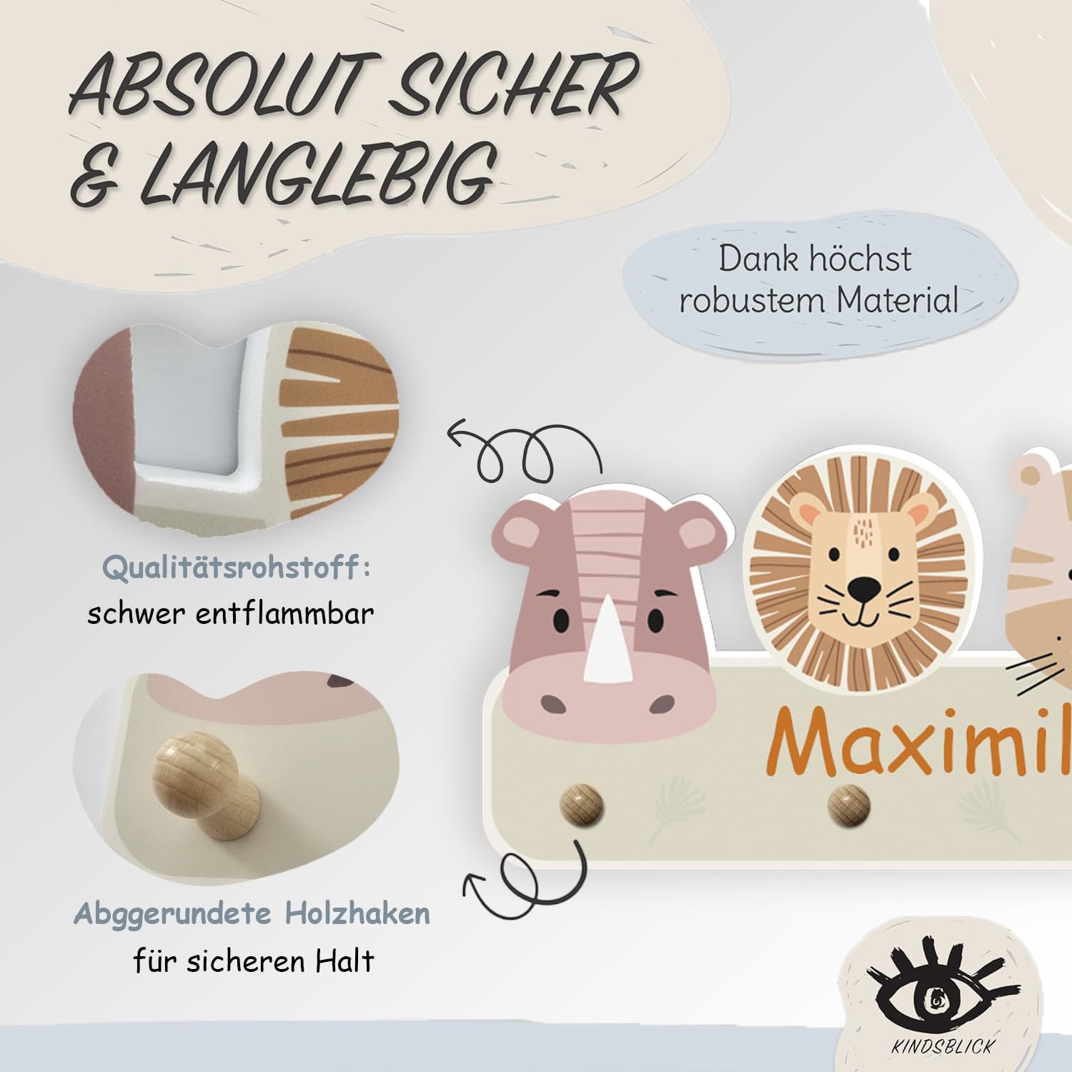 Garderobe mit Wunschname inkl. DIN A4 Poster - Personalisierte Kindergarderobe mit 4 Kleiderhaken für Kinder (Safari Natur)