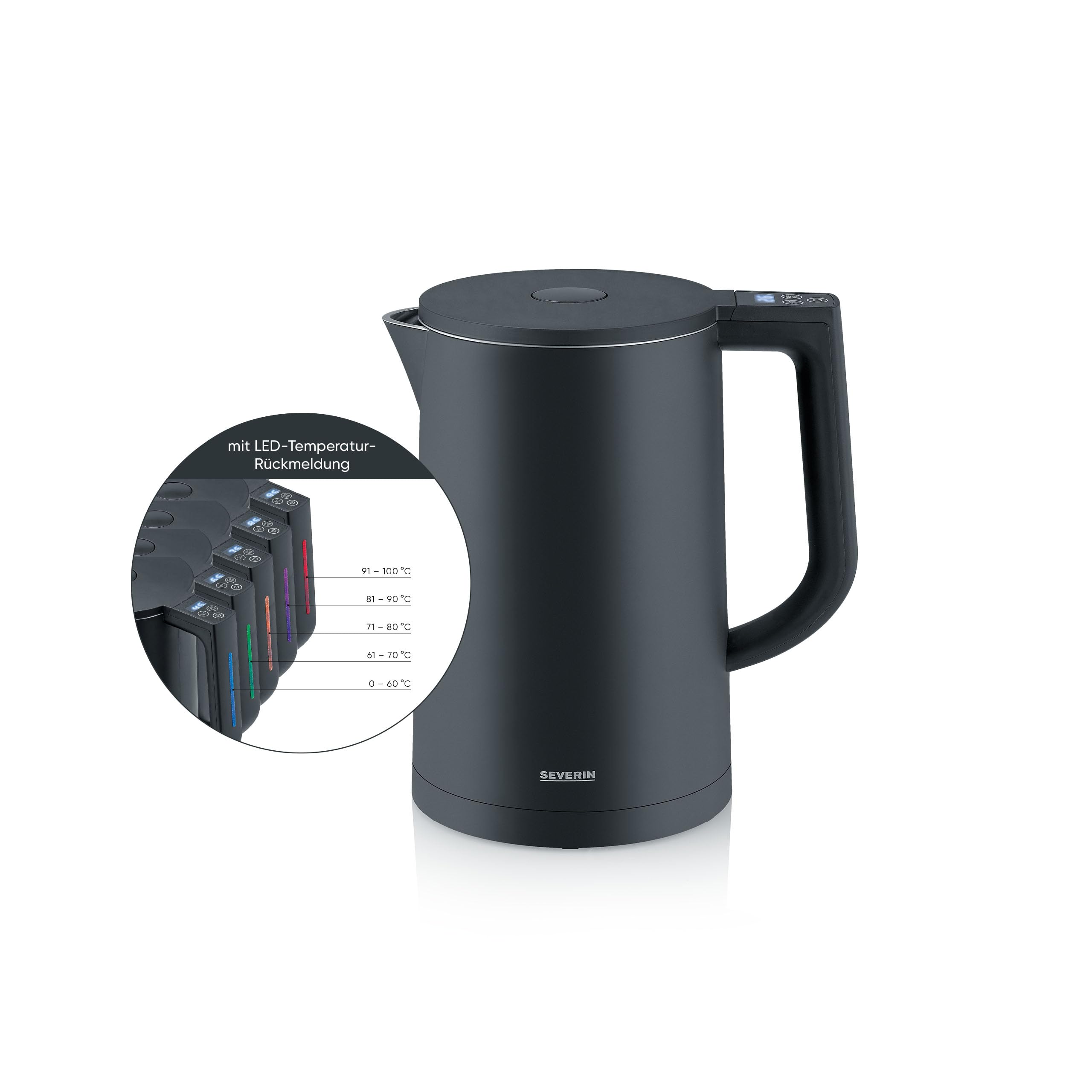 SEVERIN Cool-Touch Wasserkocher, doppelwandiger Wasserkocher, farbige LED-Temperatur-Rückmeldung im Griff, mit Warmhaltefunktion und Abschaltautomatik, schwarz, 1,7 L Kapazität, 2.200 W, WK 3484