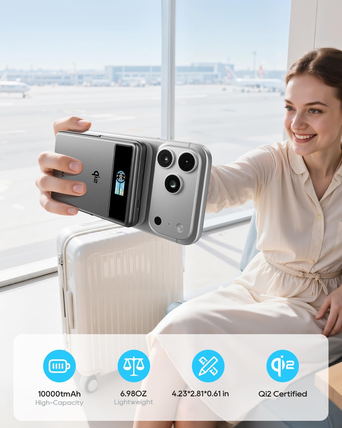 Kuulaa Qi2 MagSafe Power Bank with its foldable stand extended, supporting an iPhone for hands-free viewing.