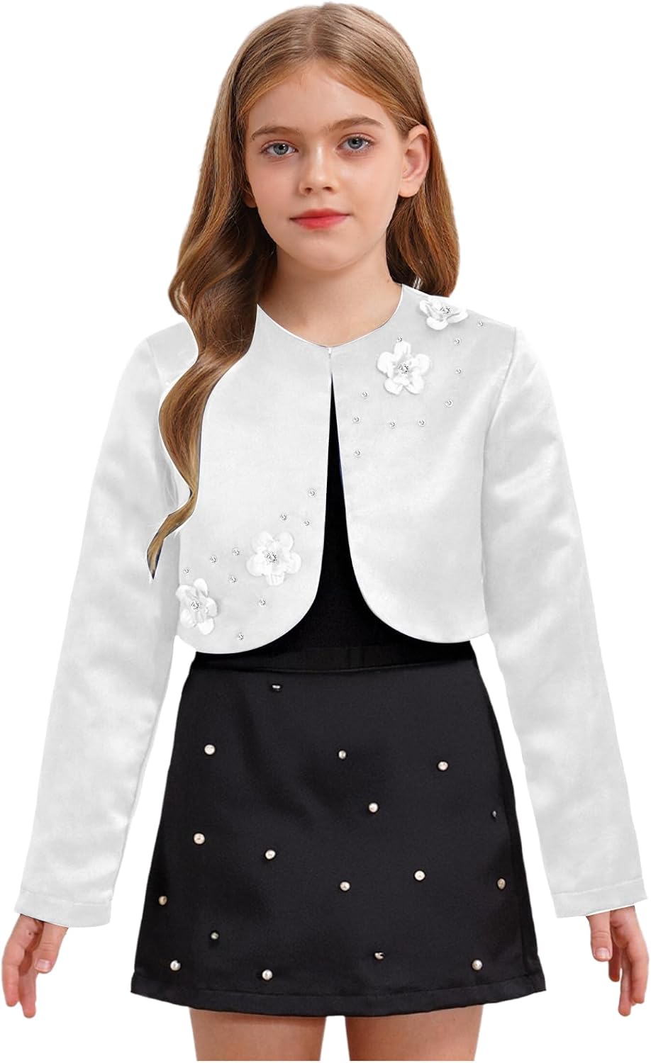 Kids Girls Satin Cropped Bolero Shrug Cardigan 3D Applique Jacket Coat Dress Cover Up