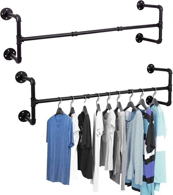 Queiting 2PCS Wall Mounted Clothes Rail 120*29*25cm Industrial Pipe Hanger Towel Rack Vintage Garment Bar Max Load 50kg Heavy Duty Wall Rail for Clothing Rod Hanging Display Holder for Bedroom Laundry