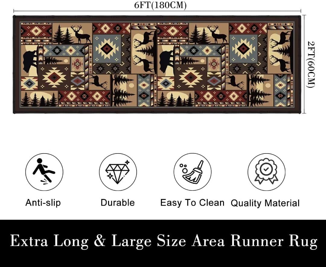 Rustic Cabin Wildlife Long Runner Rug 2x6 Throw Rug,Buffalo Plaid Bear Moose Deer Country,Vintage Area Rug Washable Hallway Rugs Non-Slip Floor Carpet Runner for Bedroom Laundry Room Entrance Door Mat