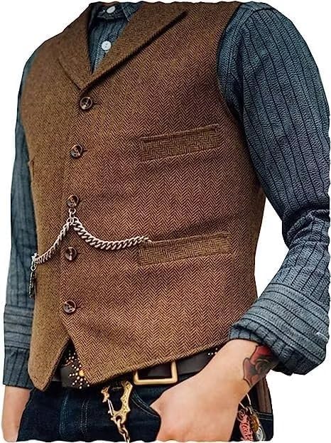 Mens Classic Wool Tweed Suit Vest Casual Sleeveless Jacket Herringbone Waistcoat for Tuxedos for Tuxedos - Image 2