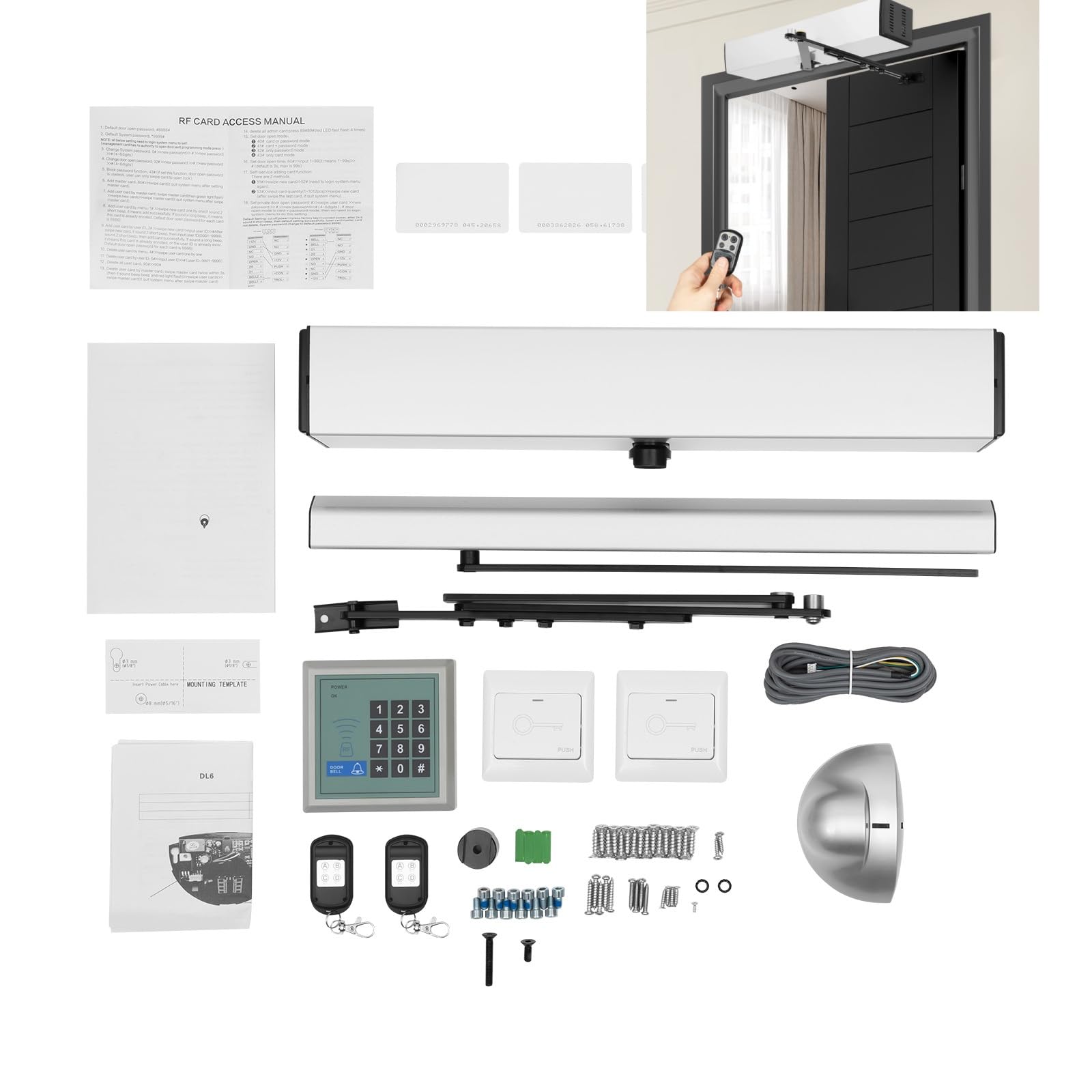 Ouvre-porte battant automatique 50 W avec télécommande 100 kg 4 modes d'ouverture automatique Angle d'ouverture 120° Ferme-porte avec détection d'obstacles Silencieux 55 dB pour intérieur