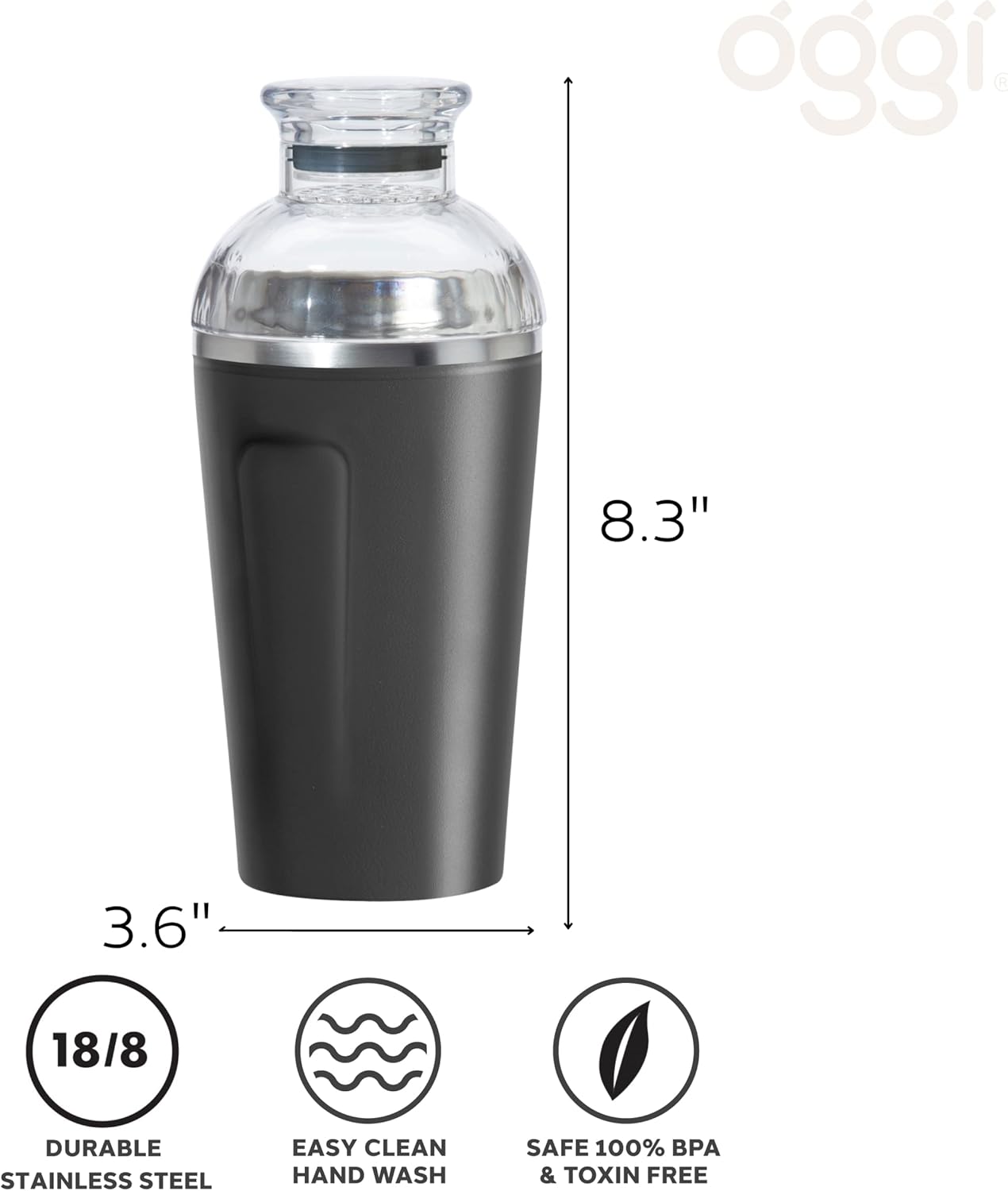 OGGI Groove Insulated Cocktail Shaker-17oz Double Wall Vacuum Insulated Stainless Steel, Tritan Lid has Built In Strainer, Ideal Cocktail Mixer, Martini Shaker, Margarita Shaker, Black - Image 5