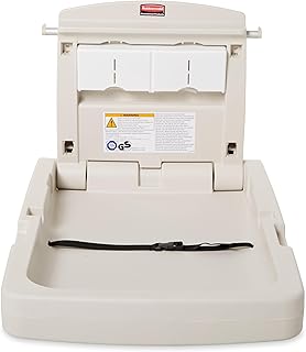 Rubbermaid Commercial Products 수직 아기 기저귀 교환대, 라이트 플래티넘, 벽걸이 접이식 기저귀 교체 테이블, 레스토랑/호텔/학교/공항용 안전 스트랩 포함