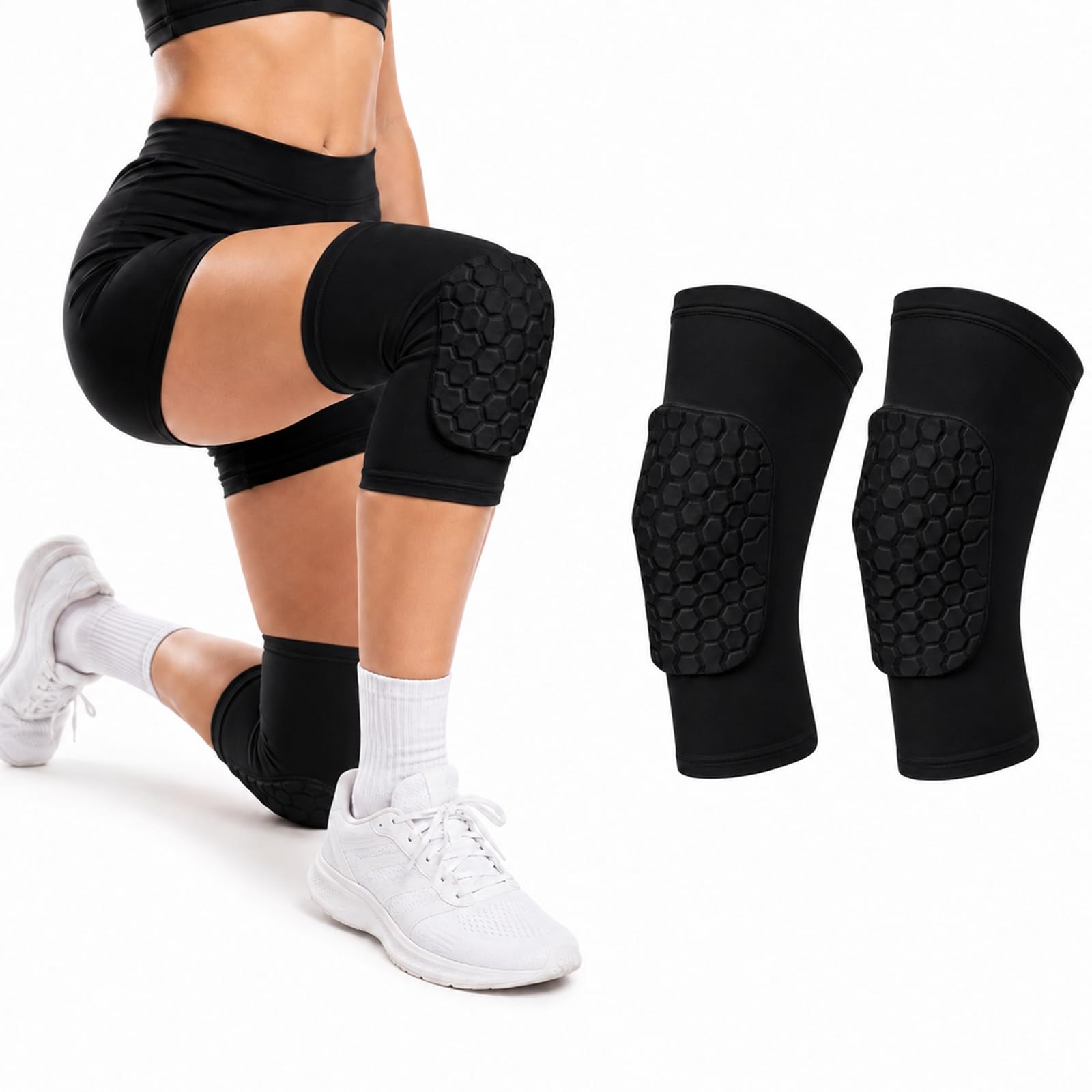 Knee Pads, Honeycomb Padded Compression Sleeves, Black, Size M, 1 Pair